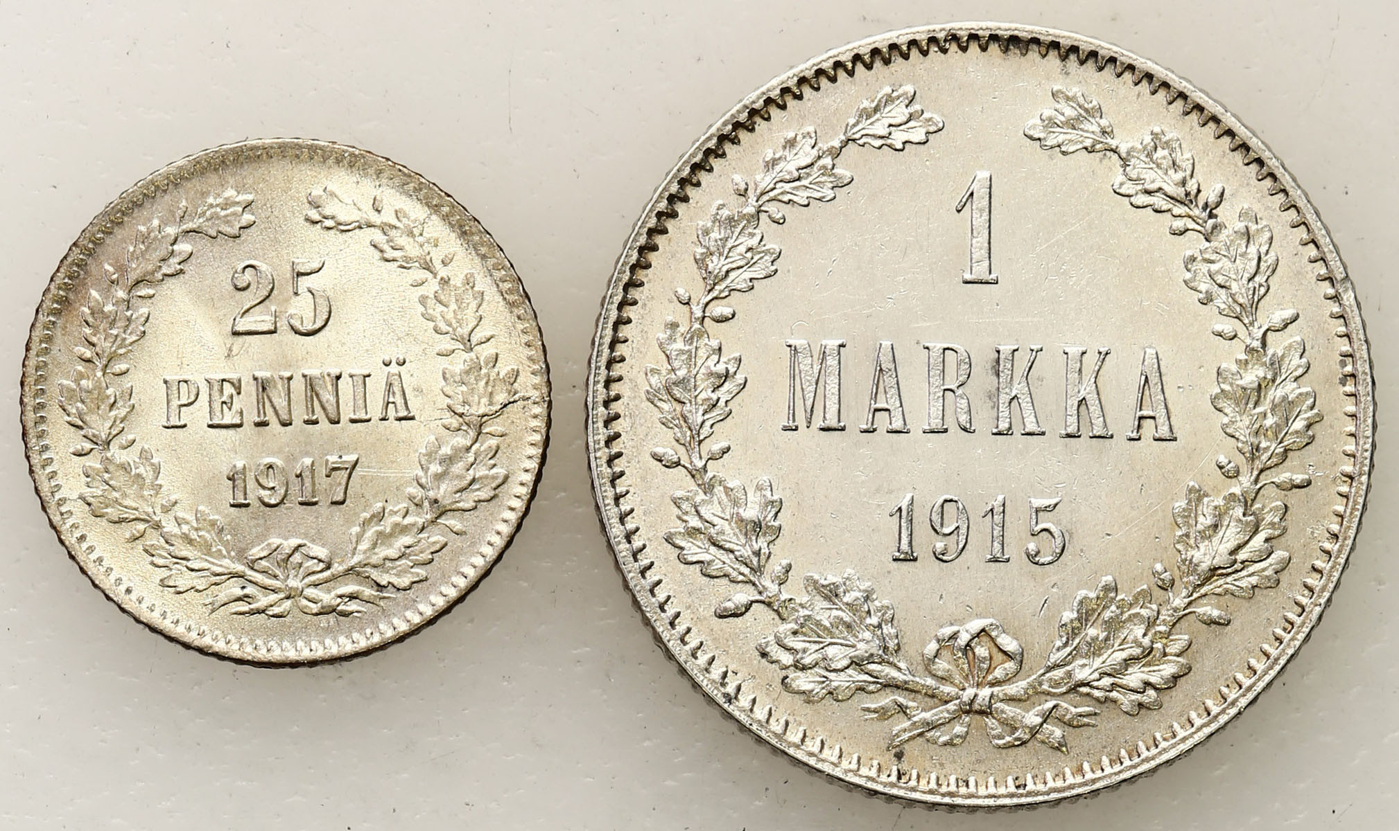 Rosja, Finlandia, Mikołaj II. 25 pennia 1917, 1 markka 1915, zestaw 2 monet